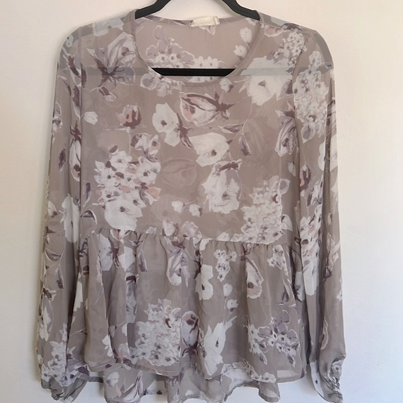 ALTAR’D State Taupe Gray Peplum Ruffle Top mesh nude sheer - Picture 1 of 6